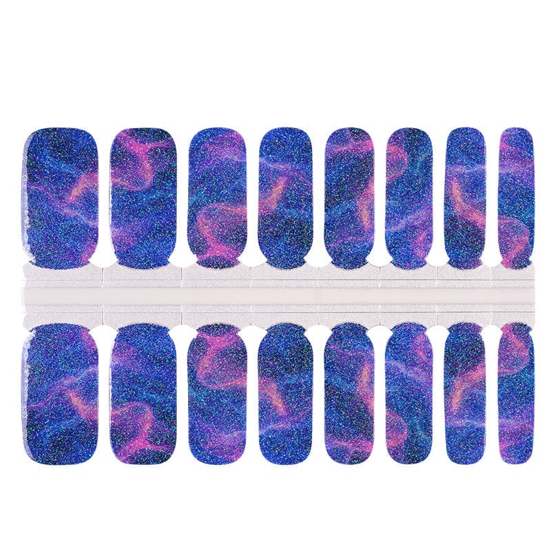 Holy Classics nail wraps in blue and pink holographic marble swirl design