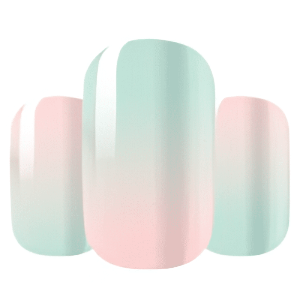 Glossy nail wraps in mint green and pink ombré pastel colours, wide fit