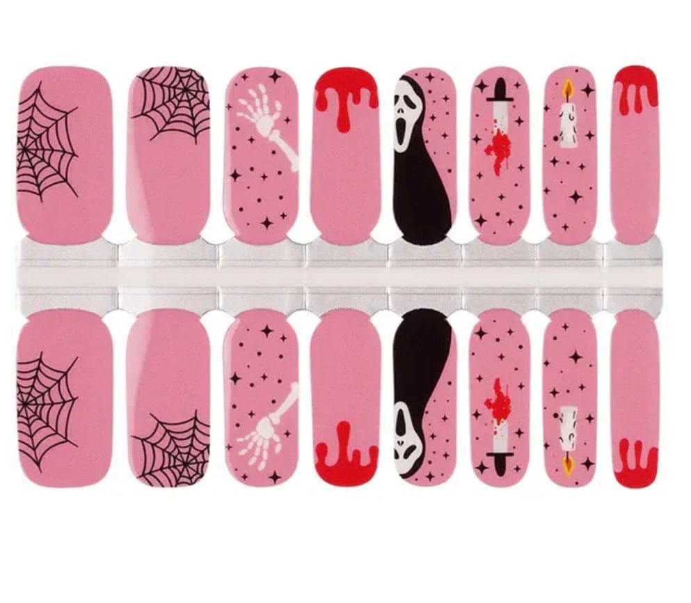 Halloween nail wraps with pink spiders, blood drips, ghosts and gothic patterns