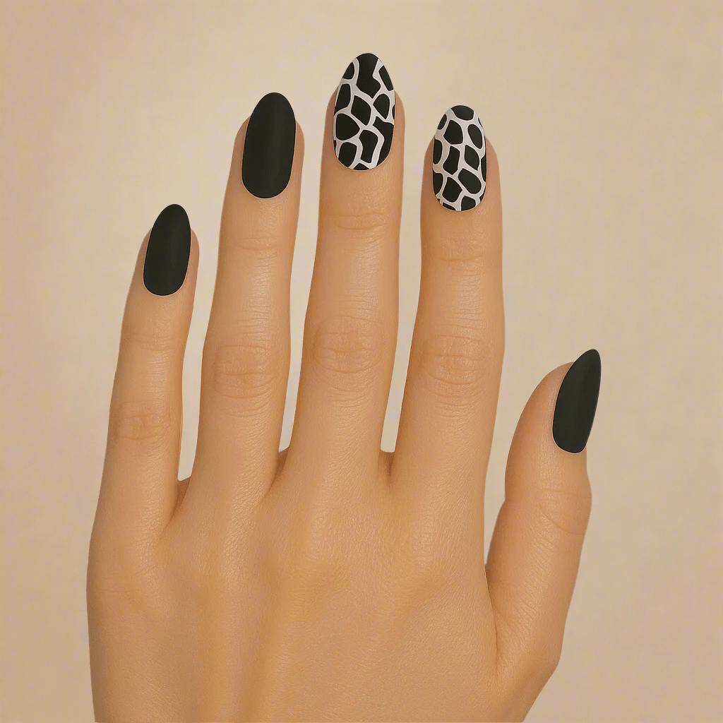 Black and white animal print nail wraps on hand showing giraffe pattern manicure