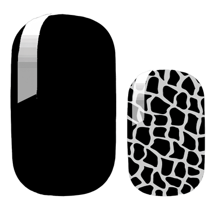 Black glossy and white giraffe pattern nail wraps product display animal print design
