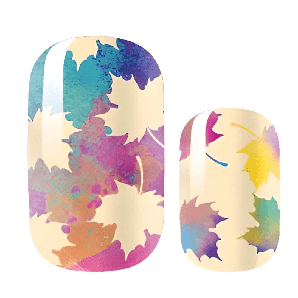Watercolour maple leaf nail wraps in purple teal yellow autumn colours nail art