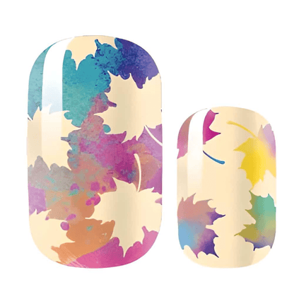 Watercolour maple leaf nail wraps in purple teal yellow autumn colours nail art