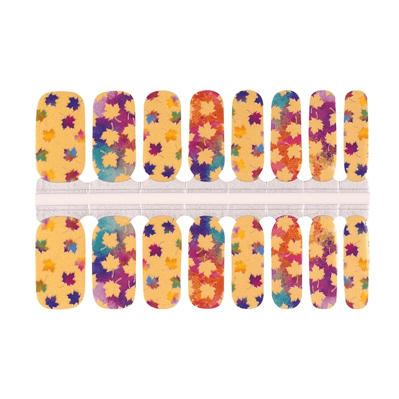 Autumn maple leaf nail wraps sheet showing orange purple yellow leaf patterns