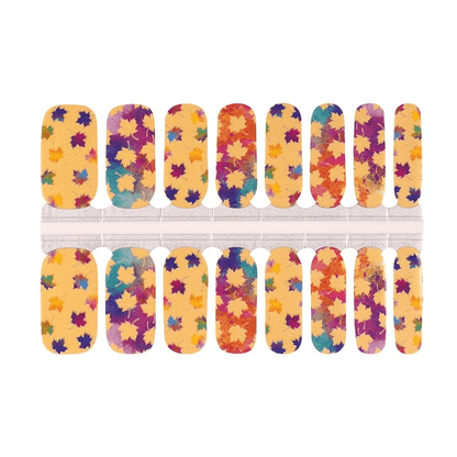 Autumn maple leaf nail wraps sheet showing orange purple yellow leaf patterns