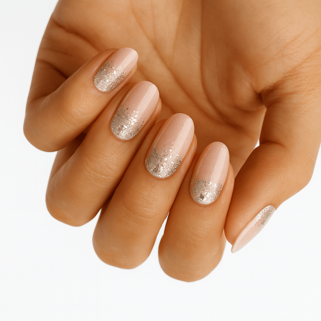 Rose gold glitter nail wraps with champagne shimmer on hand manicure