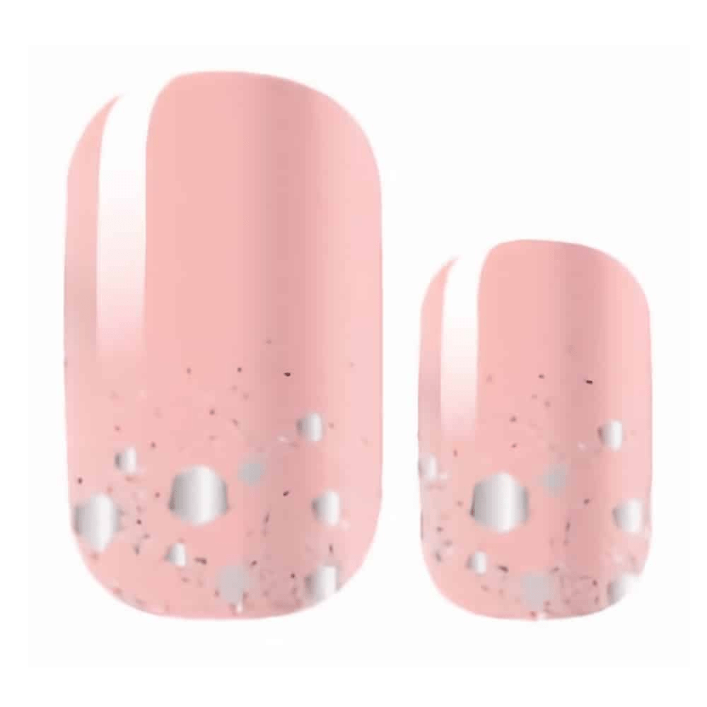 Pink glossy nail wraps with silver glitter gradient tips for elegant manicures
