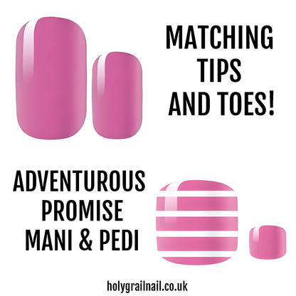 Glossy pink nail wraps with matching striped accent, mani and pedi set