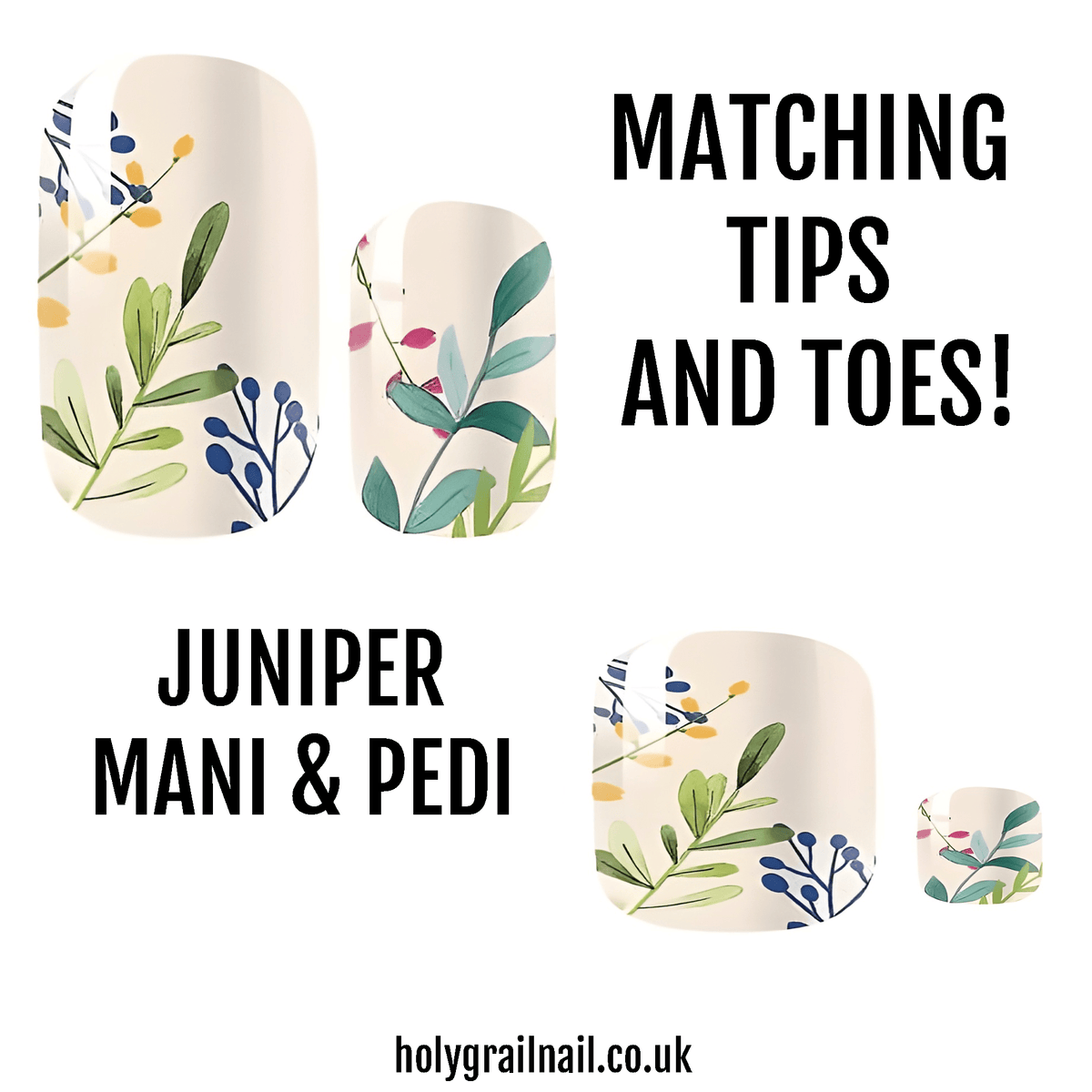 Botanical floral nail wraps with green leaves matching manicure pedicure set