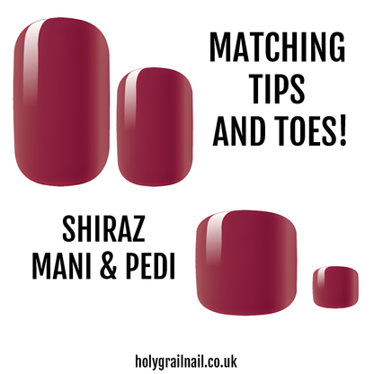 Deep wine red glossy nail wraps, matching manicure and pedicure set, Shiraz shade
