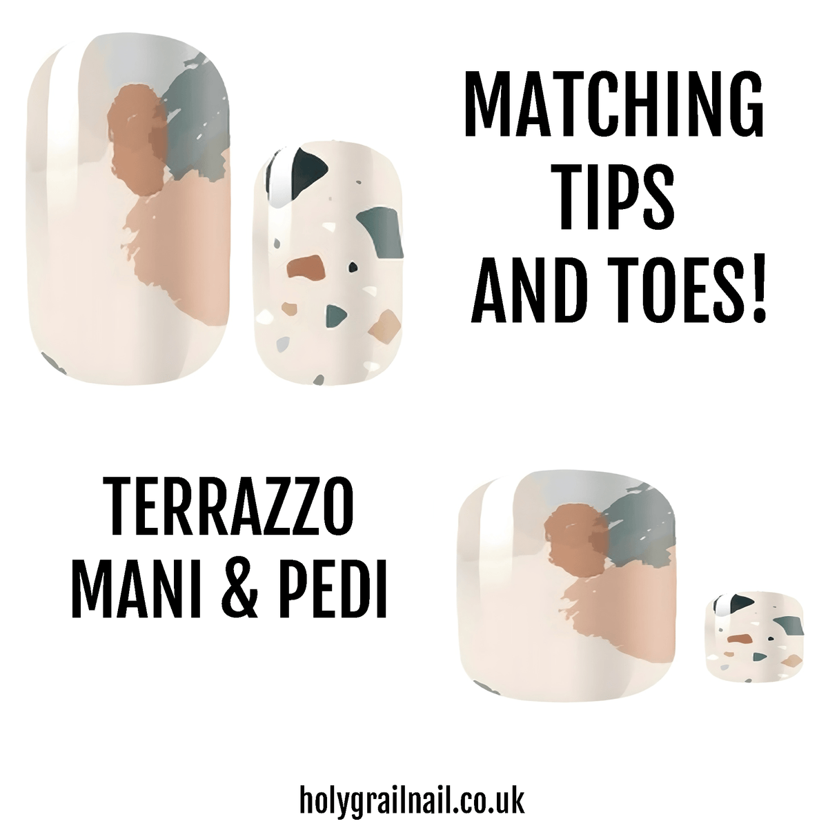 Terrazzo pattern nail wraps in neutral beige grey for matching mani pedi