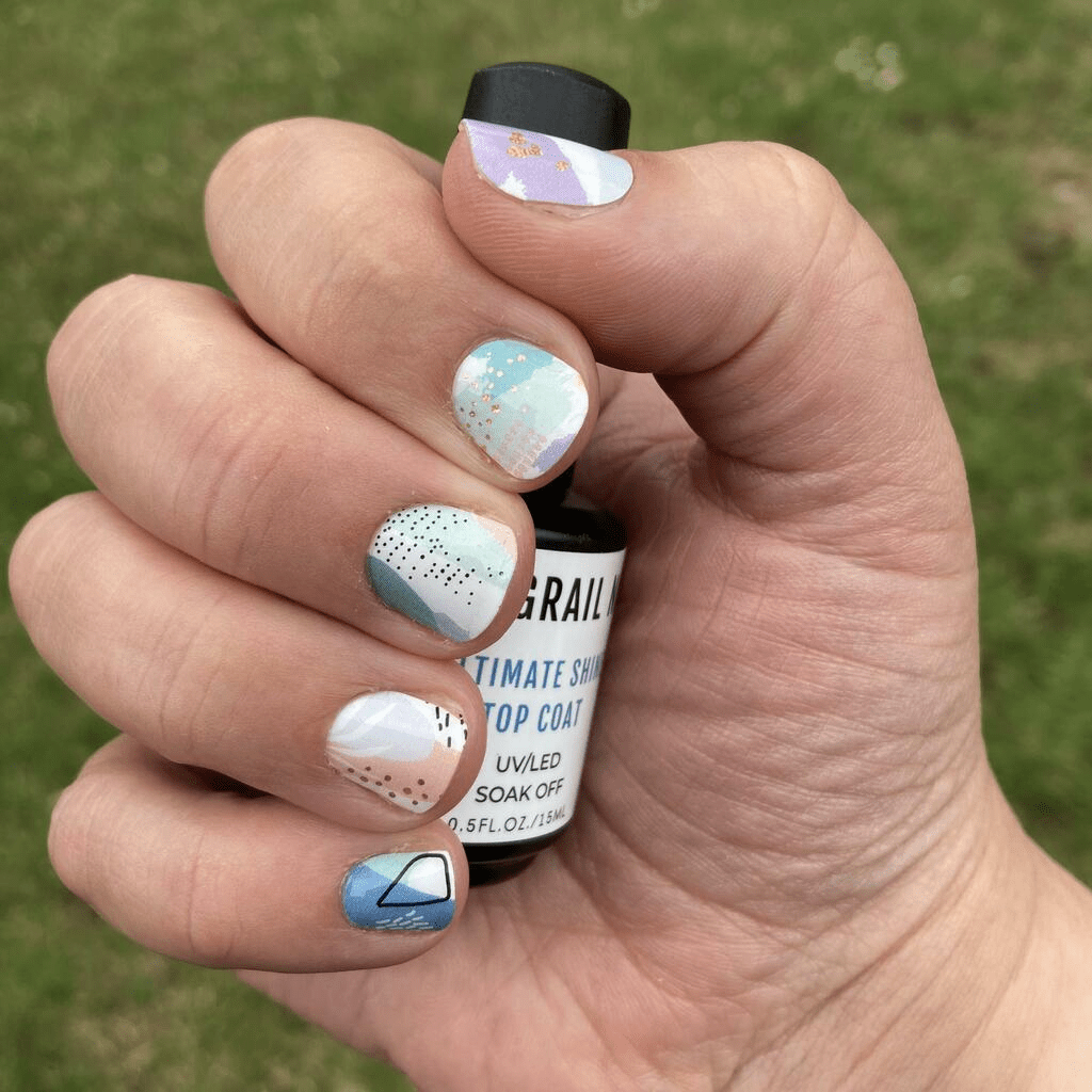Holy Classics non-UV nail wraps in abstract pastel blue, lilac and tan colour-block design