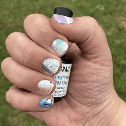 Holy Classics non-UV nail wraps in abstract pastel blue, lilac and tan colour-block design