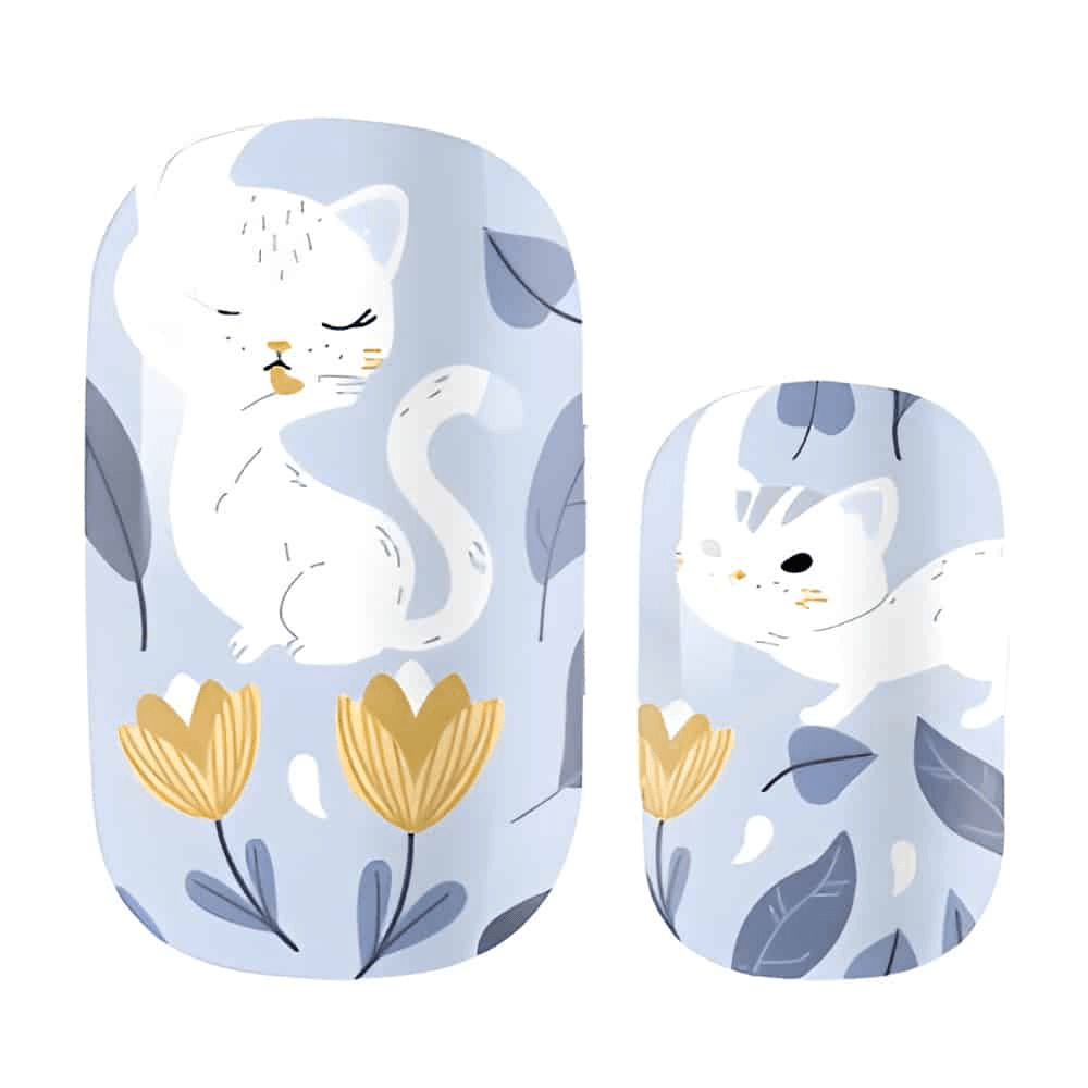 Cute cat and bunny nail wraps with blue botanical floral design for kawaii nail art