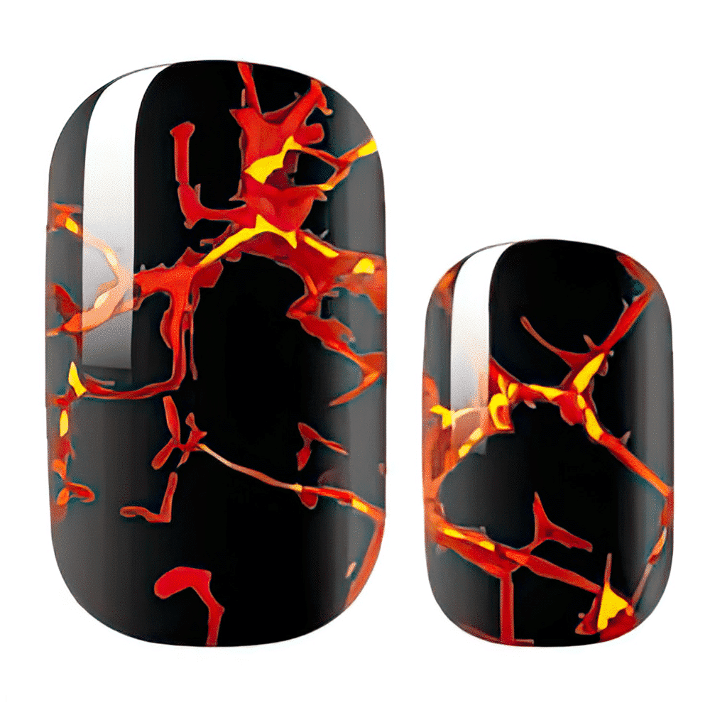 Black marble nail wraps with red orange fire-like veining pattern close-up