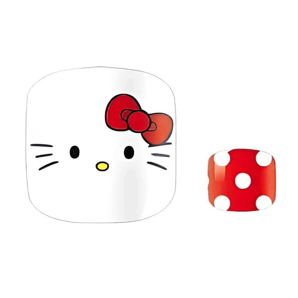 Hello Kitty nail art featuring white cat face and red polka dot pedicure wraps