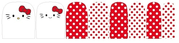 Red and white polka dot pedicure nail wraps with cute cat character designs