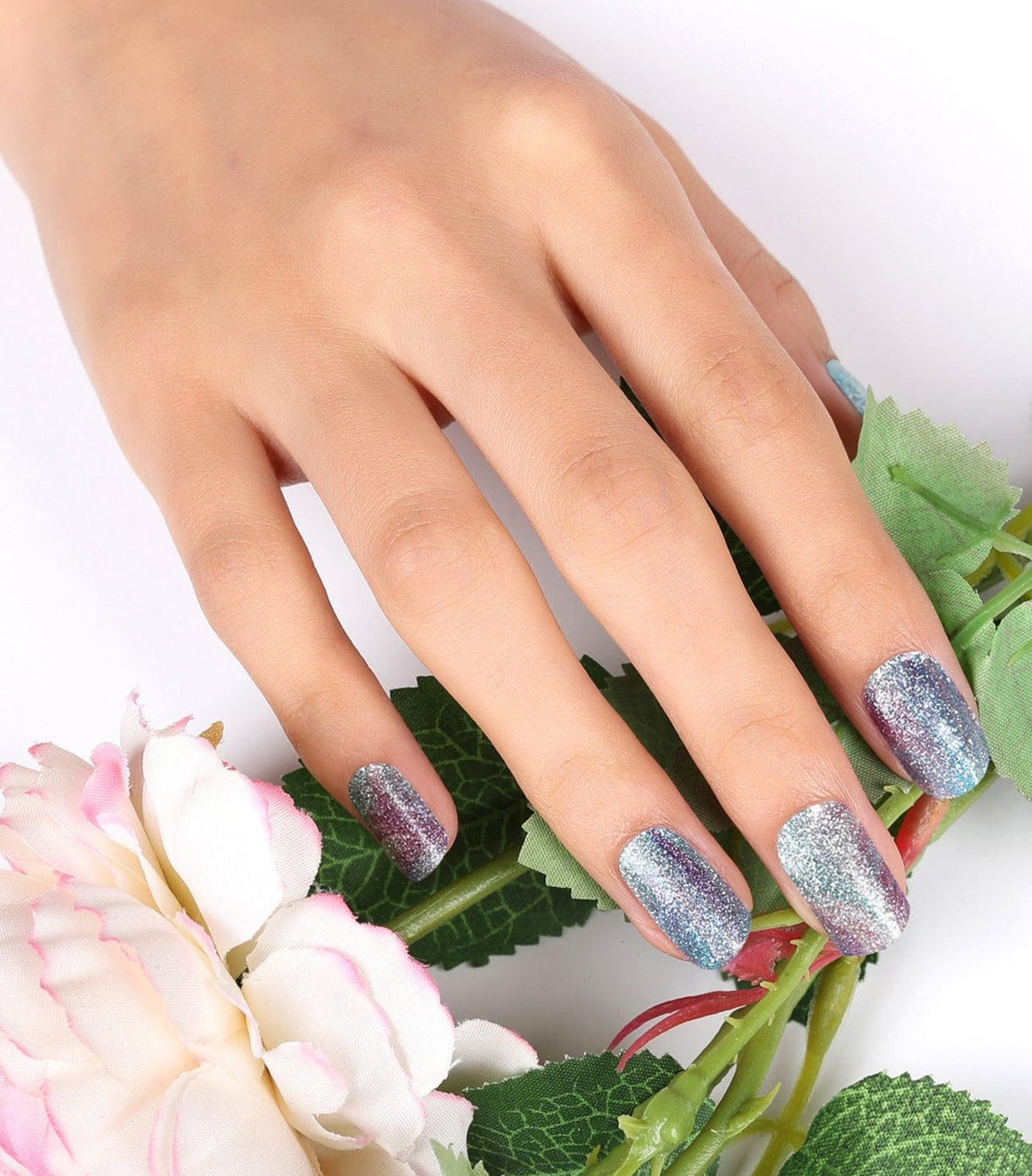 Holy Classics non-UV nail wraps in blue-purple glitter with colour-shifting shimmer finish