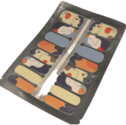Contemporary art-inspired nail wrap sheet featuring abstract cream blue orange geometric patterns