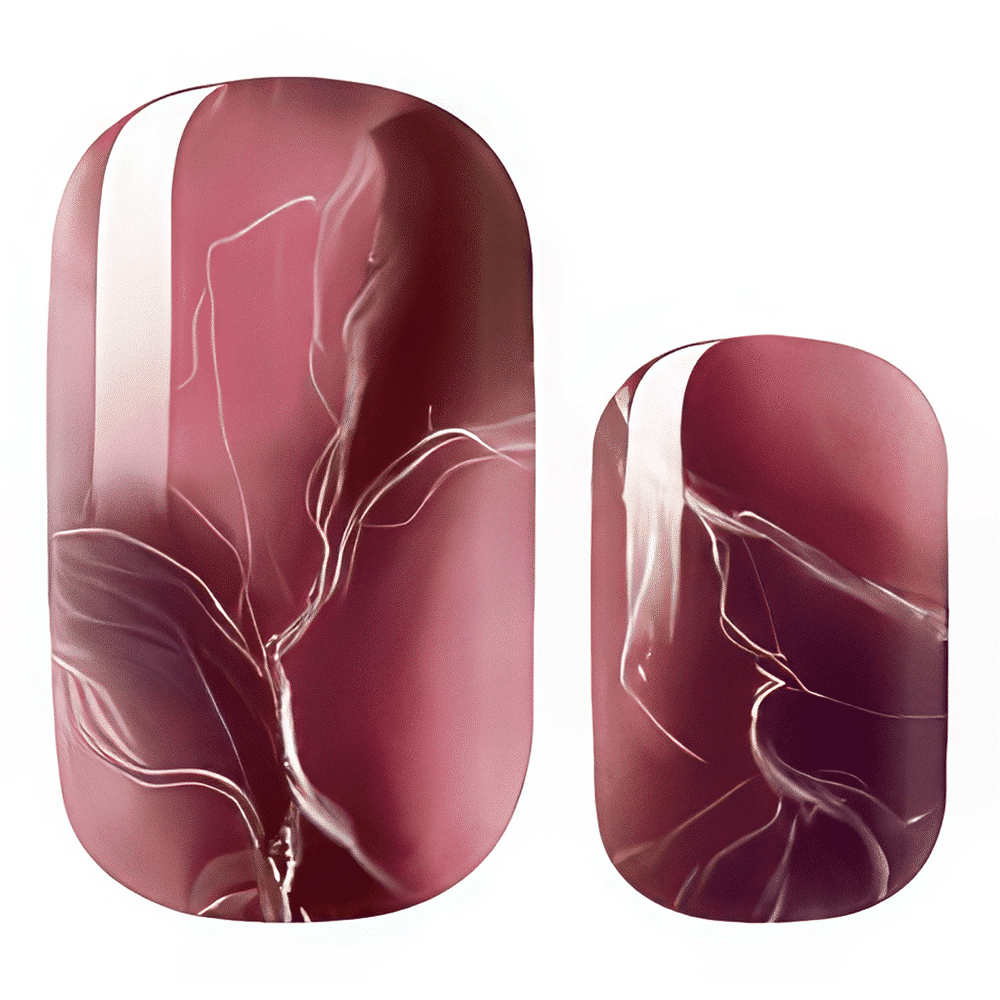 Burgundy marble nail wraps showing white veining pattern on curved nail shapes