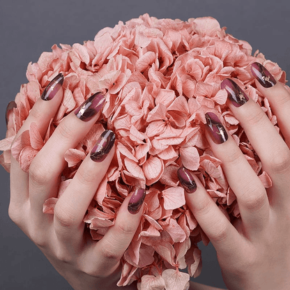 Chrome burgundy marble nail art on hands holding pink rose petals manicure inspiration