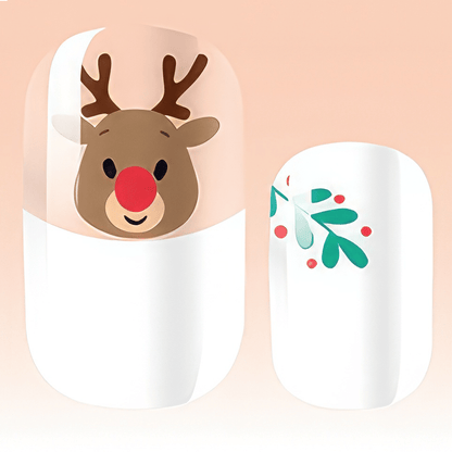 Festive nail art designs featuring brown reindeer and green mistletoe on clear nail wraps