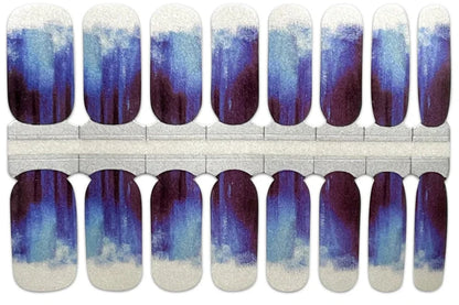 Nail wraps in blue-violet watercolour ombré fading to white tips and base