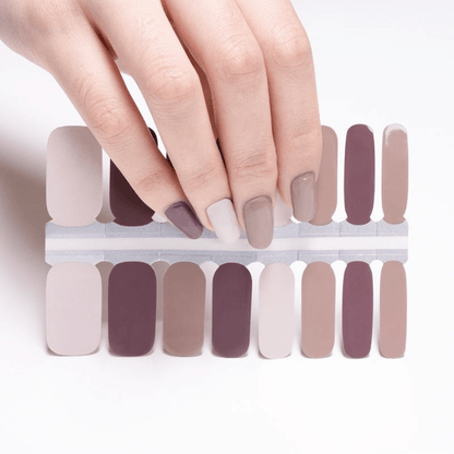 Glossy nail wraps in mixed mauve, taupe and mocha brown solid colours
