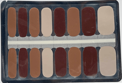 Brown mocha nail wrap strips in various coffee shades showing colour range for manicures