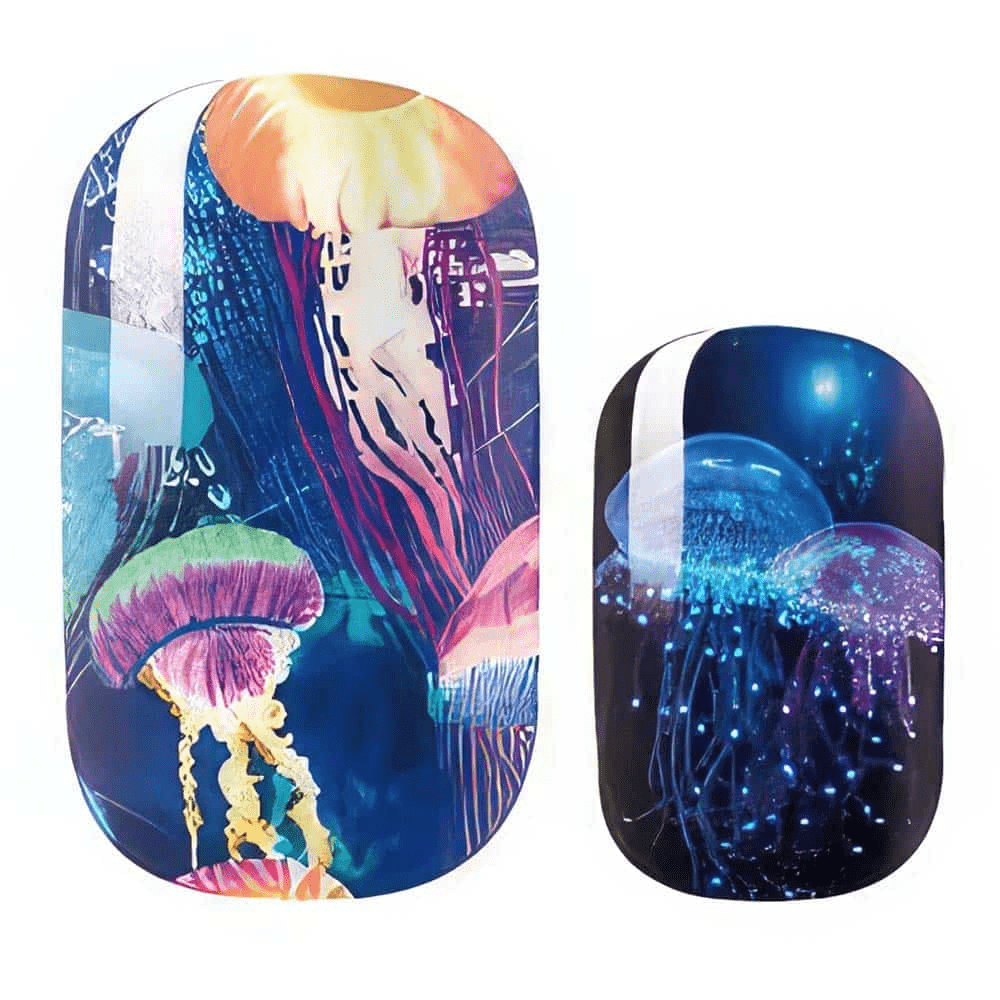 Jellyfish nail wraps with blue holographic underwater design featuring coral and sea life patterns