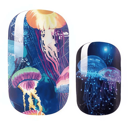 Jellyfish nail wraps with blue holographic underwater design featuring coral and sea life patterns