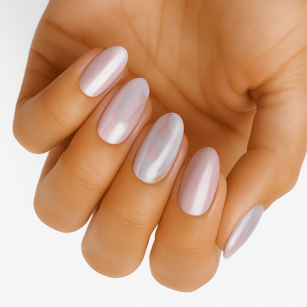 Pink pearl shimmer nail wraps on hand showing luminous manicure finish