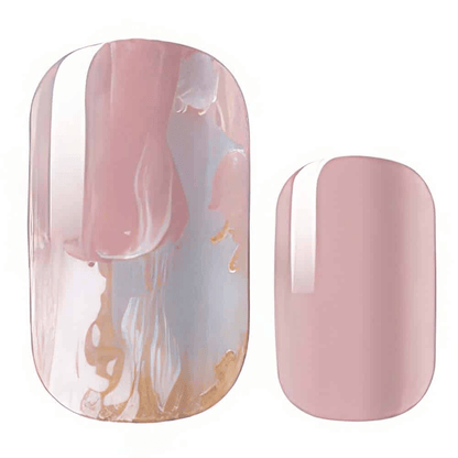Close-up pink marble nail wraps with glossy finish and gold marble pattern detail