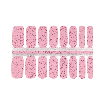 Pink nail wraps with fine glitter speckle in a sparkling confetti pattern