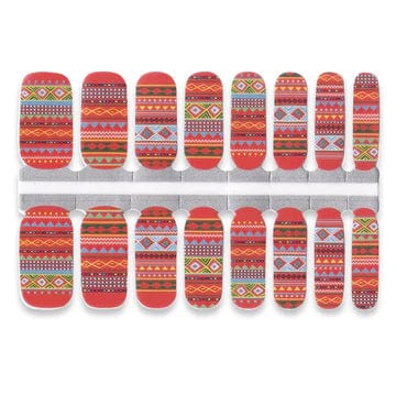 Non-UV nail wraps sheet featuring red orange tribal geometric patterns aztec design