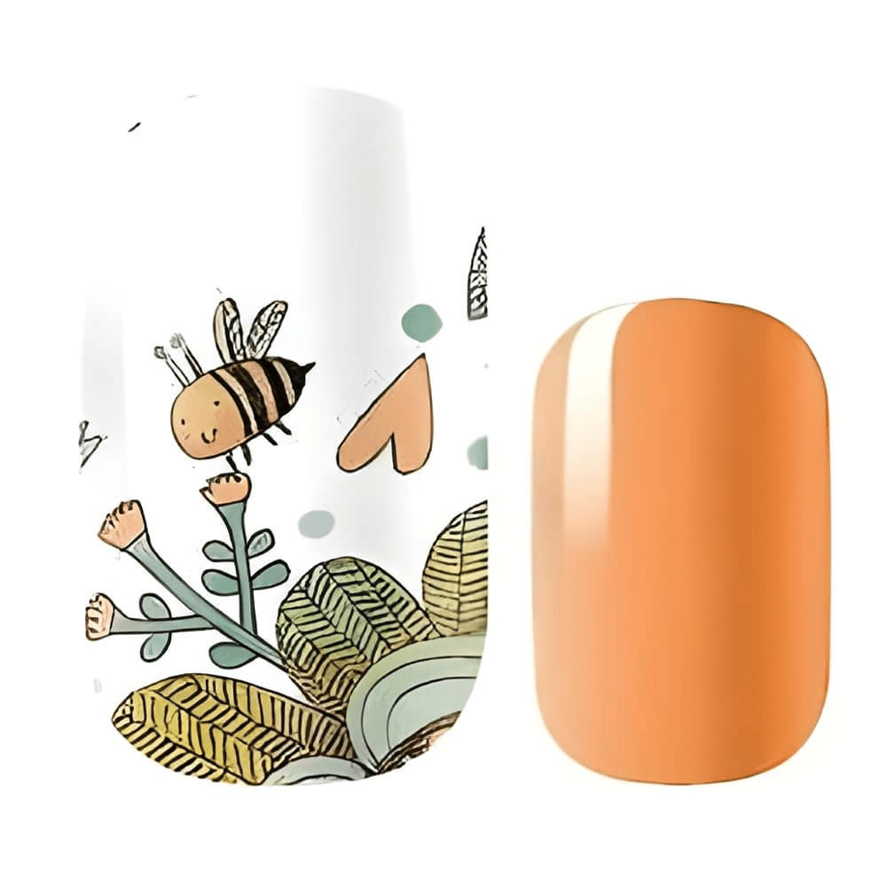 Nail wraps with white bee and botanical art plus solid glossy peach colour