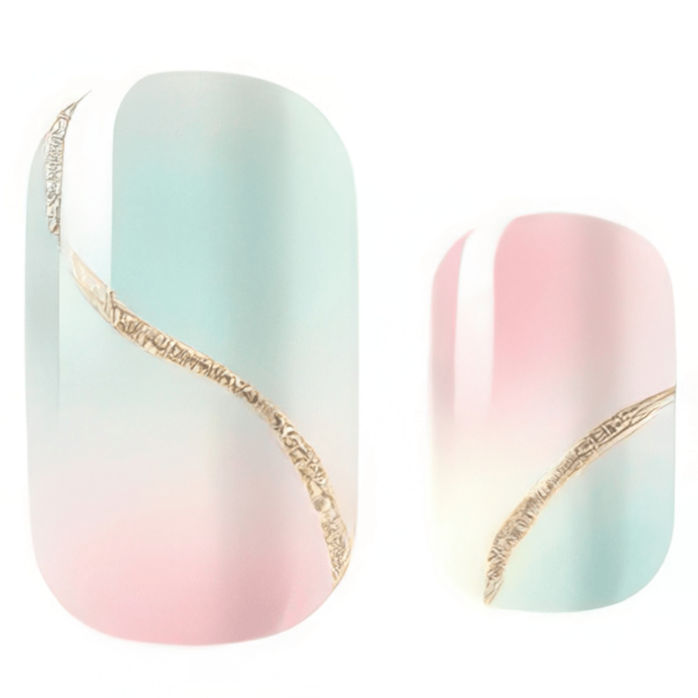 Close-up of mint green and pink marble nail wraps with gold accent lines