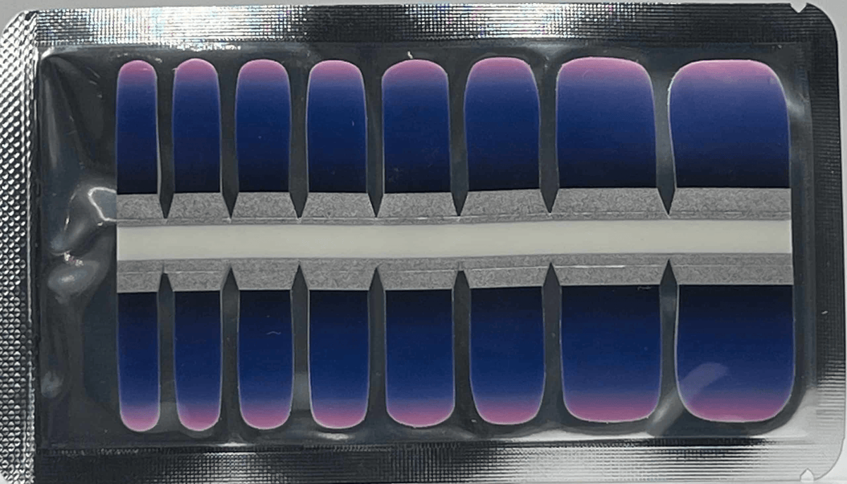 Blue purple ombre gradient pedicure nail wraps in packaging strip non-UV toe wraps