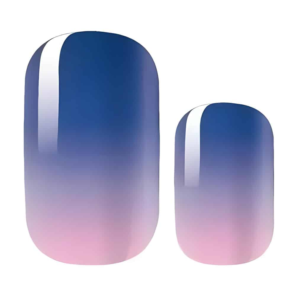 Blue to pink gradient ombre nail wraps with glossy finish for at-home manicure