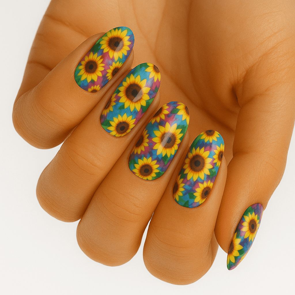 Colourful sunflower nail wraps on hand showing bright floral pattern manicure design