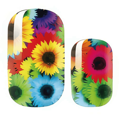 Bright multicoloured sunflower nail wraps featuring vibrant floral patterns in rainbow colours