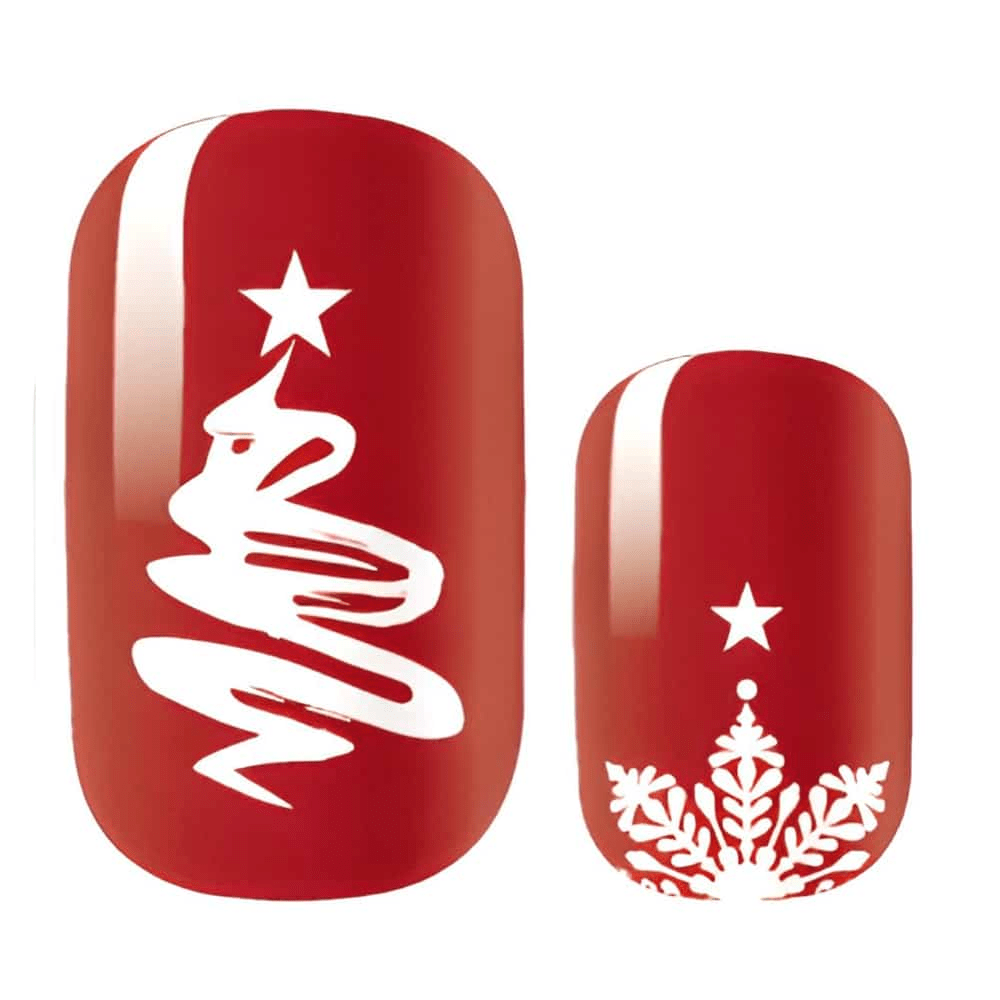 Red Christmas nail wraps featuring white Christmas tree and snowflake designs