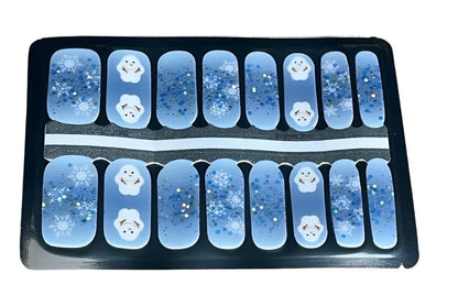 Non-UV nail wraps featuring blue glitter finish with white snowman characters, winter nail design sheets