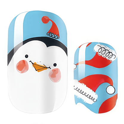 Christmas penguin nail wraps showing white snowman with red santa hat, blue cartoon nail art design