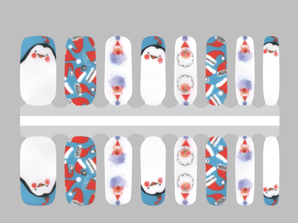 Festive penguin nail wrap sheets with blue red white cartoon characters, Christmas holiday nail art strips