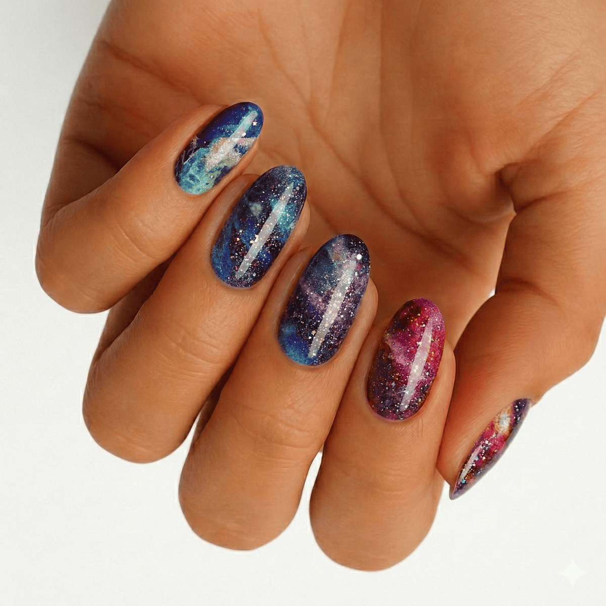 Holy Classics nail wraps, blue and pink galaxy design with glitter stars, glossy finish