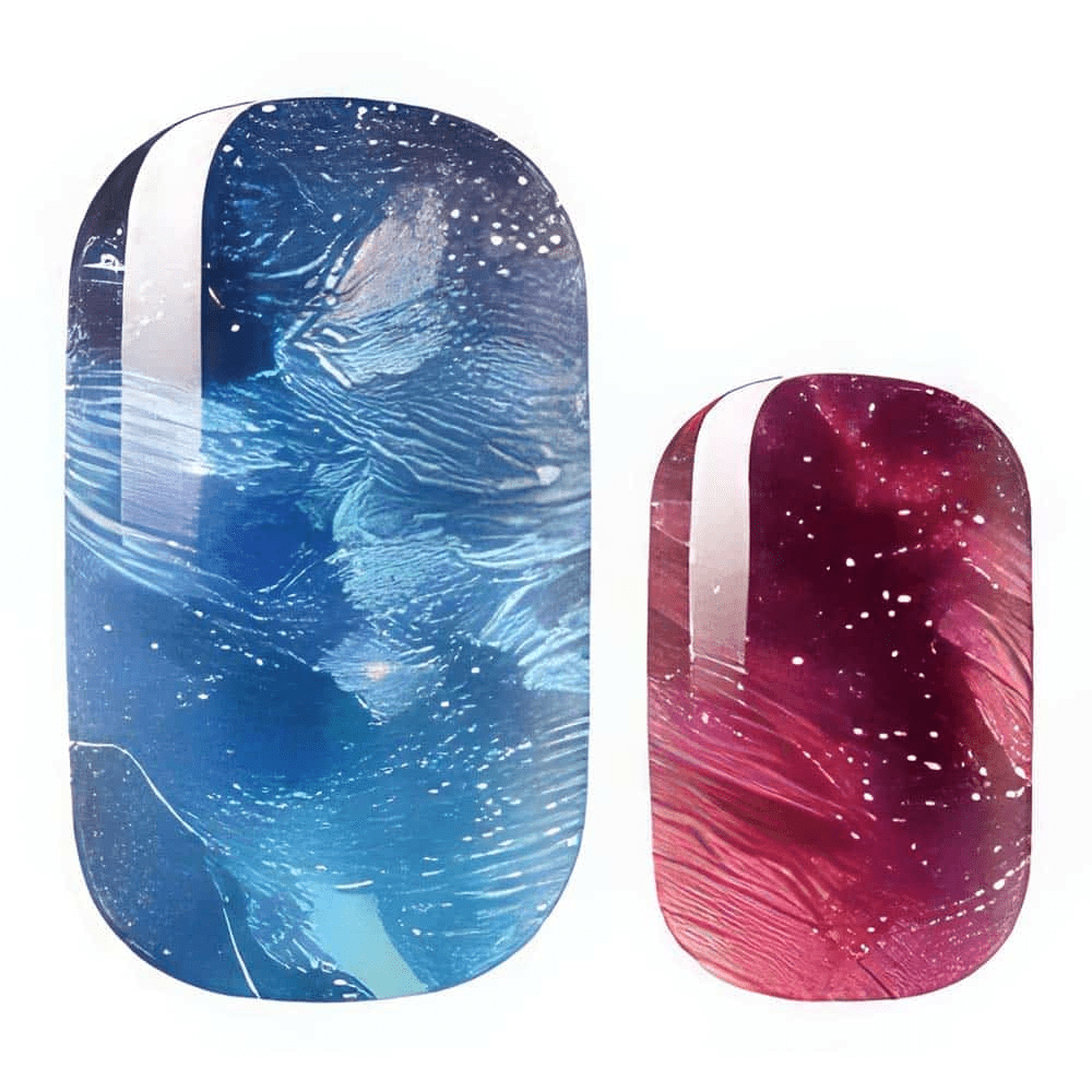 Holy Classics nail wraps in blue and burgundy marbled galaxy design with white speckles