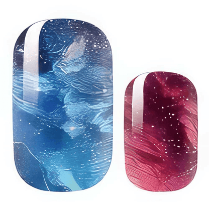 Holy Classics nail wraps in blue and burgundy marbled galaxy design with white speckles
