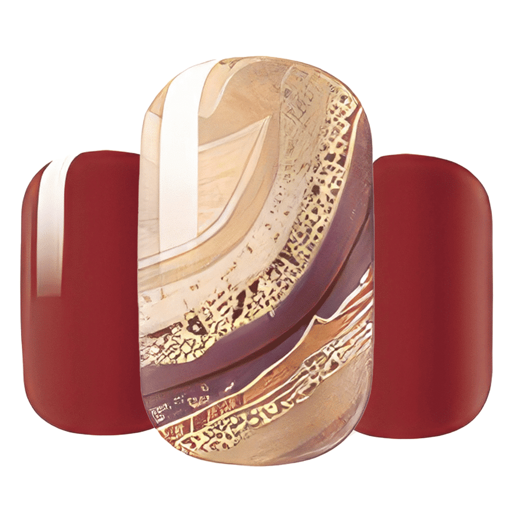 Deep red nail wraps with an accent nail in swirled beige, cream and gold marbled design