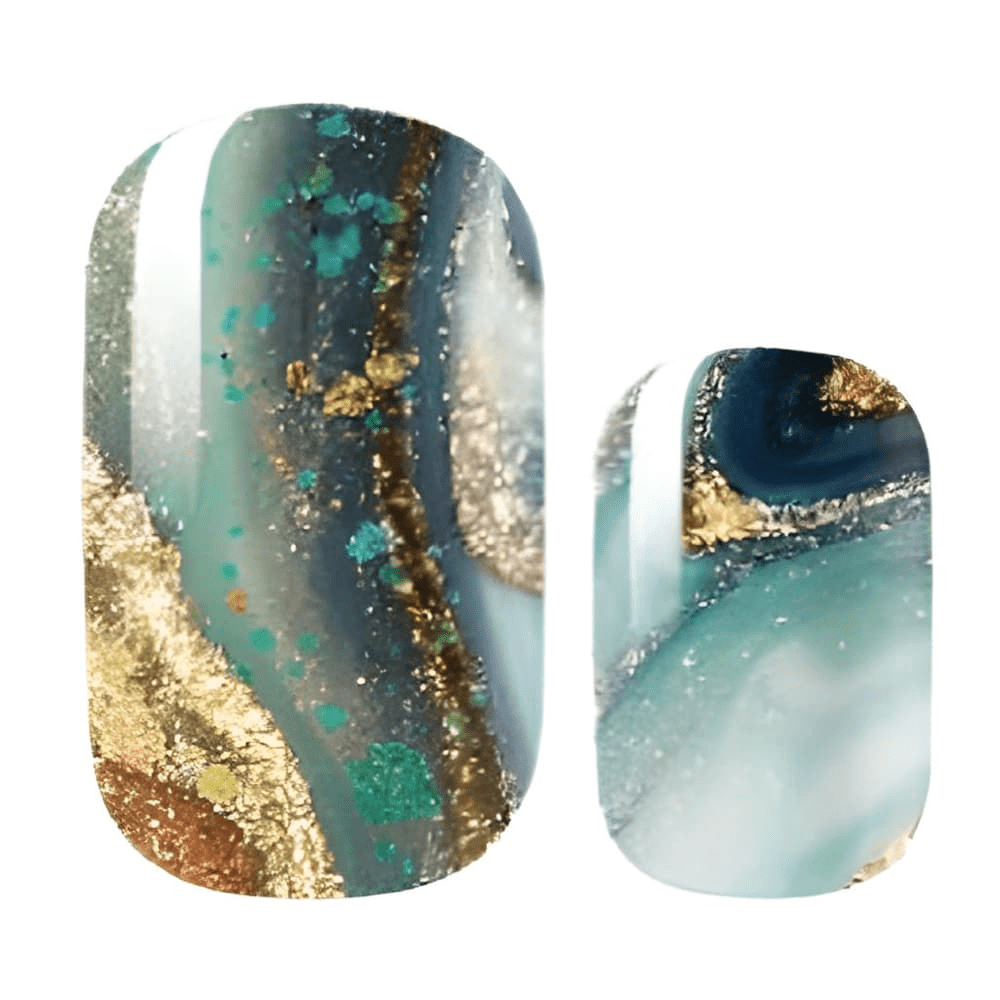Teal and gold marble nail wraps showing ocean stone pattern close-up